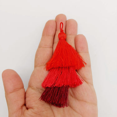 Red Cotton Tassels in Three Layers, Tassel Charms, Tiered Tassels x 2